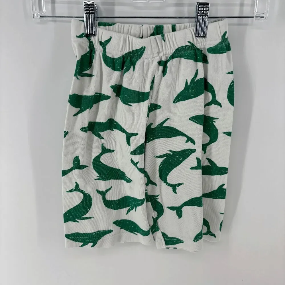 Mini Boden Kid's White Green Elastic Waist Sea Pine Shark Print Shorts Size 5-6y